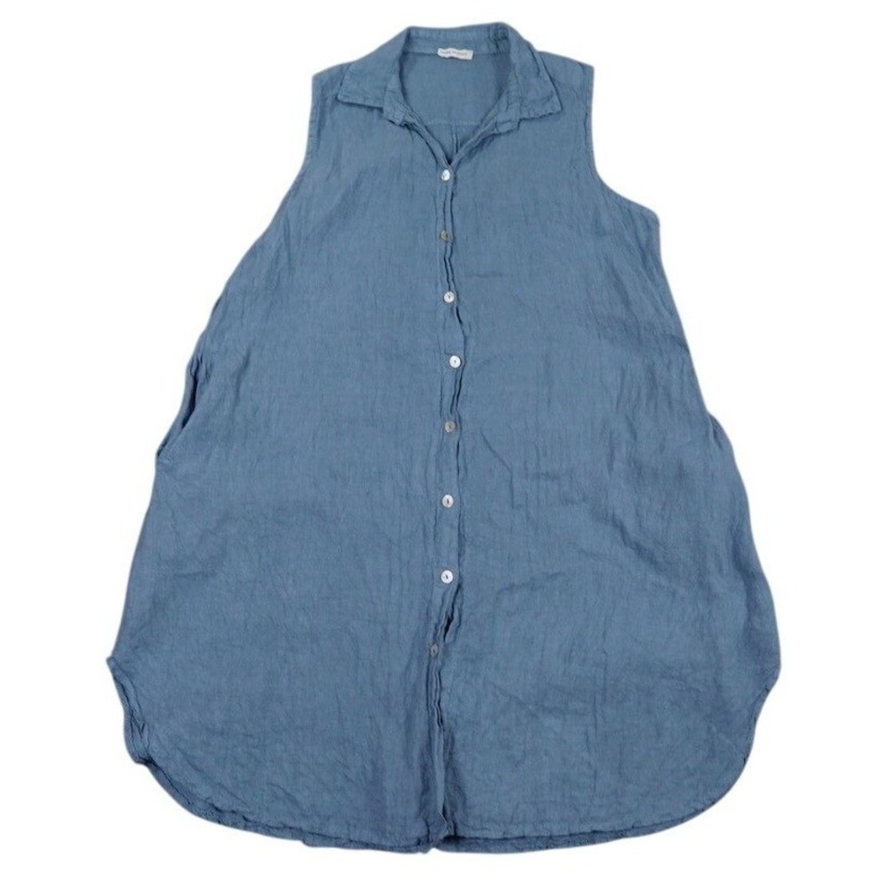 Linen Tunic Shirt Dress Women Blue Sleeveless Button Down Longline Pockets Italy
